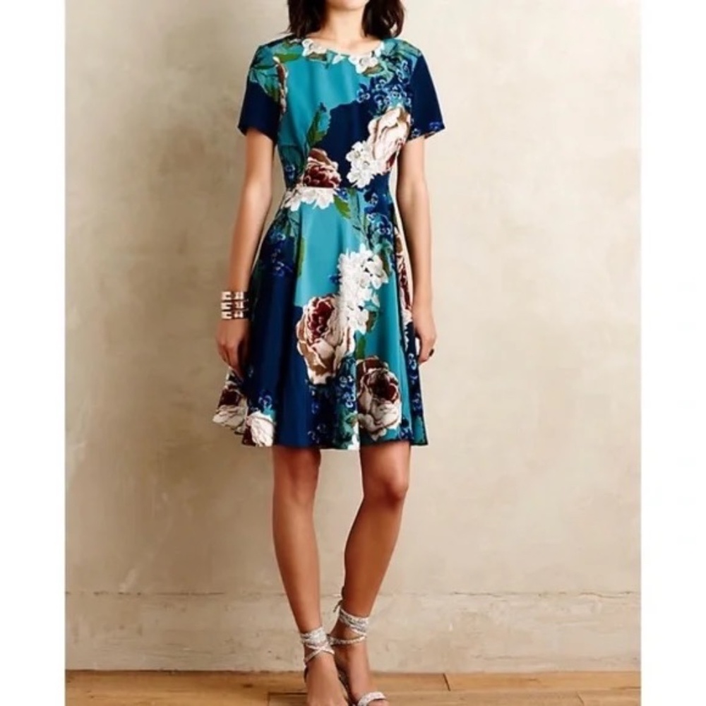 Anthropologie- Cory Lynn Calter Paeonia Teal Floral Dress